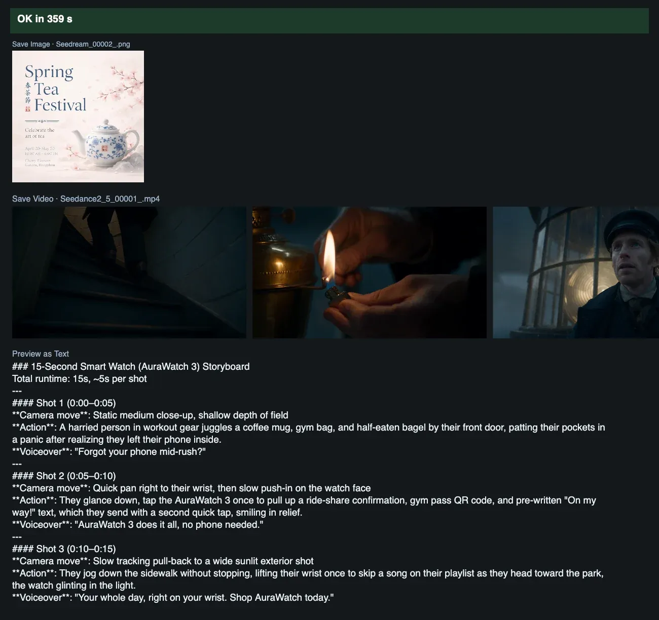 The tea festival poster, three frames of the lighthouse video and the smart watch storyboard text