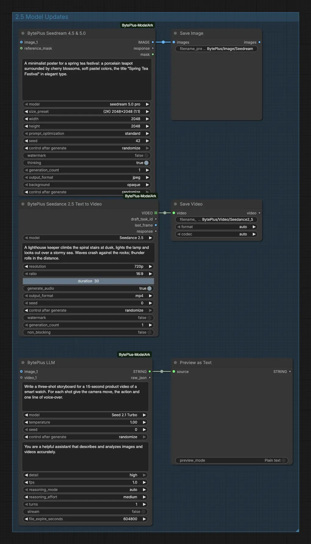 The 2.5 Model Updates template: three rows, each with a BytePlus node feeding a Save or Preview node