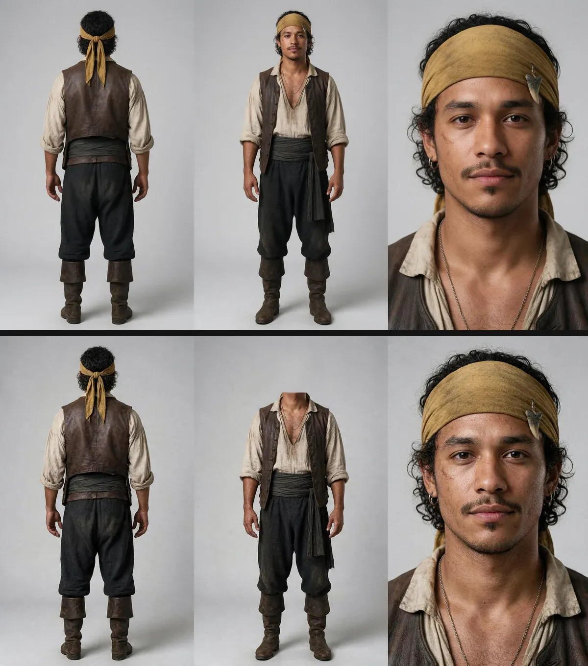 Two character sheets one above the other: the original with a readable face in the front and close-up panels, and the edited sheet where the front figure has no head
