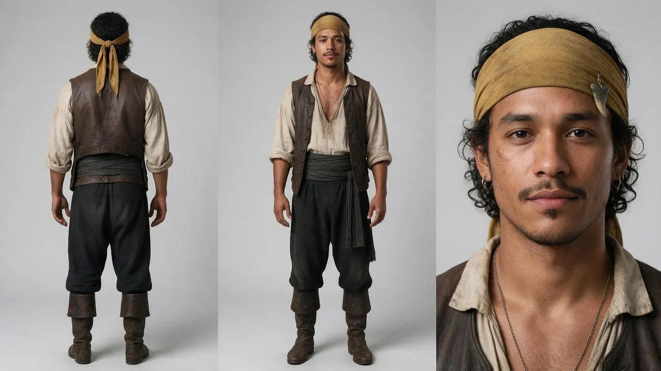 A three-panel sheet of a pirate with curly hair and a mustard-yellow headband on a gray background: back view, front view and a face close-up