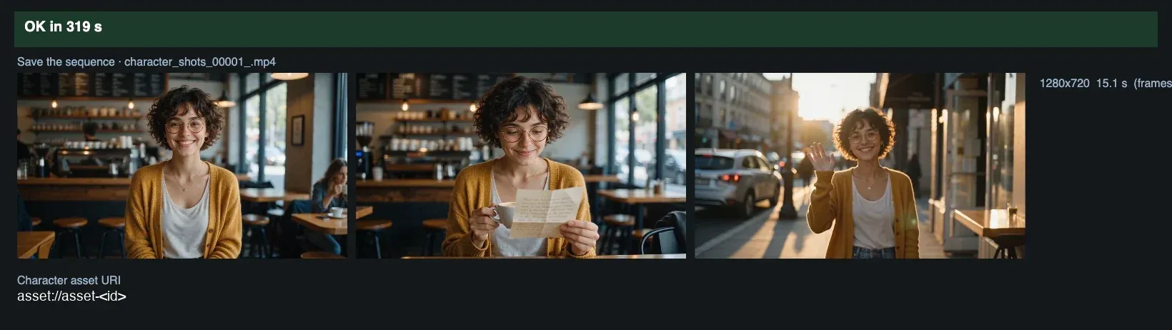 Three frames of the same woman with curly hair, round glasses and a mustard cardigan: smiling in a cafe, reading a letter and waving in a sunlit street