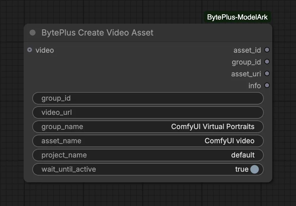The Create Video Asset node with a video socket, empty group_id and the default group name and asset name