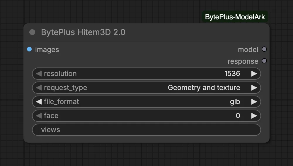 The Hitem3D 2.0 node with resolution, request type and file format choices