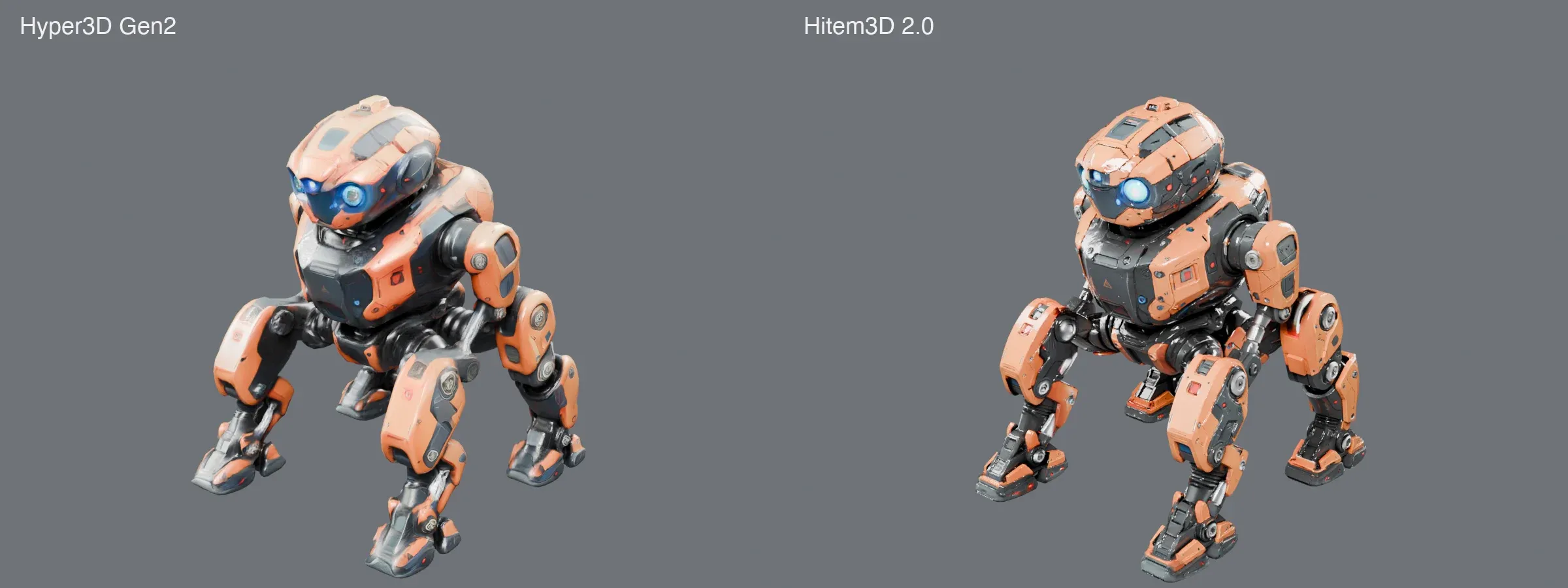 Two rendered orange and black mech robots on a gray background, Hyper3D Gen2 on the left and Hitem3D 2.0 on the right