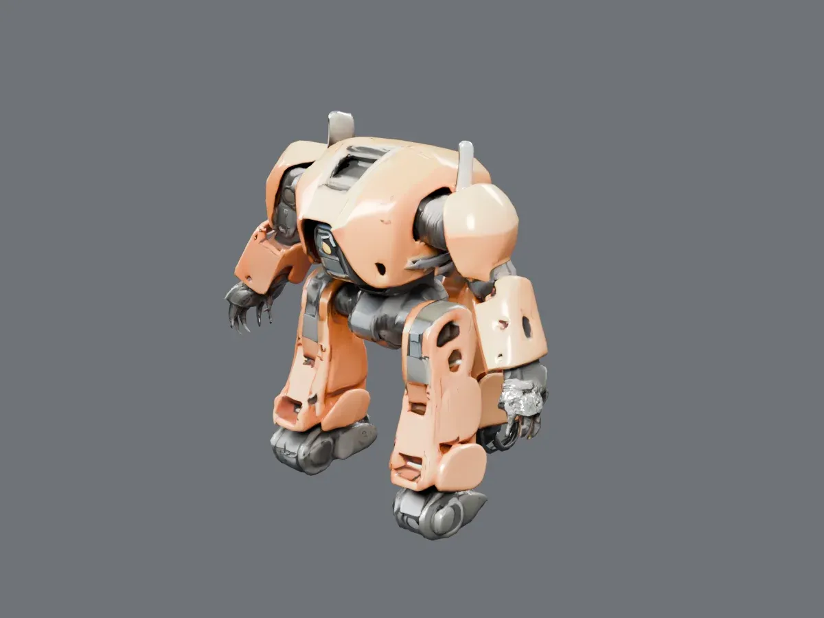 A rendered orange and black armored mech robot with glowing blue eyes on a gray background