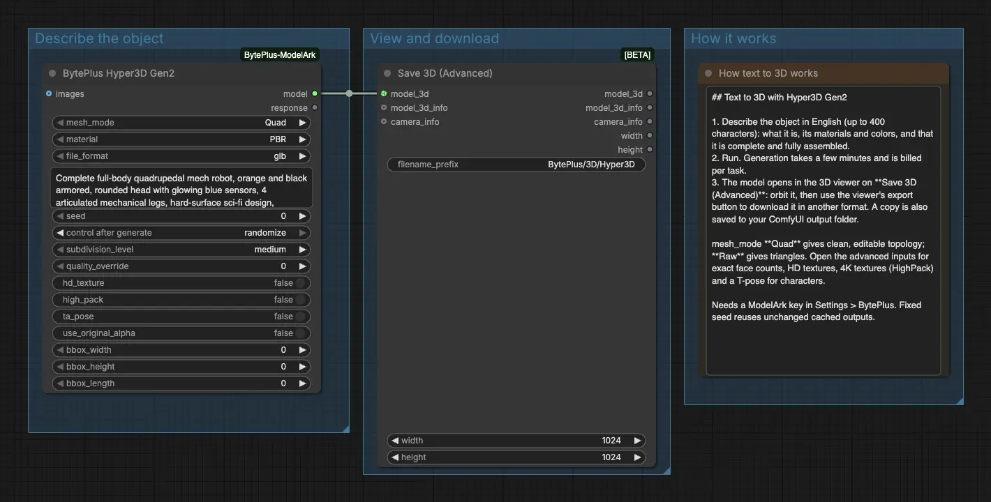 Hyper3D Gen2 feeding Save 3D (Advanced), with a how-to note beside them