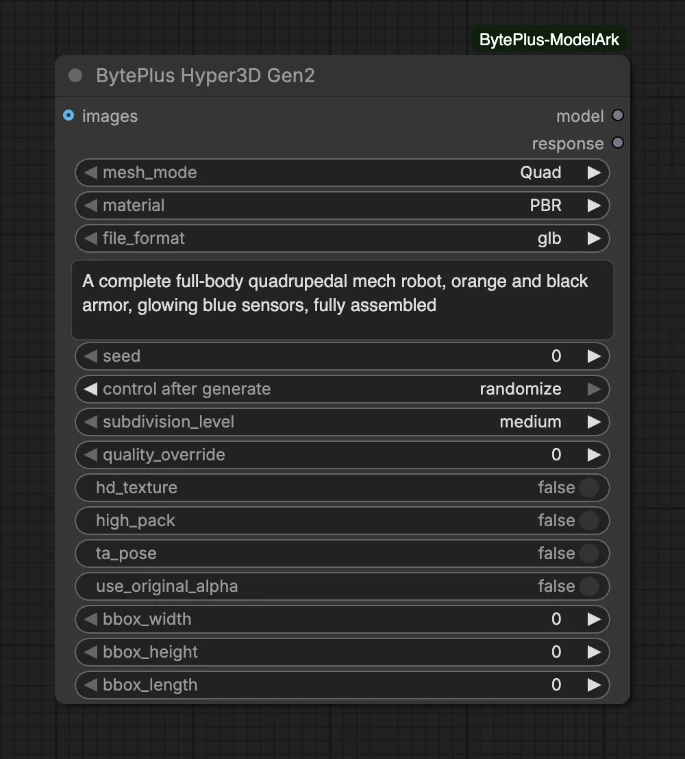 The Hyper3D Gen2 node with a prompt box, mesh and material choices and advanced polygon inputs