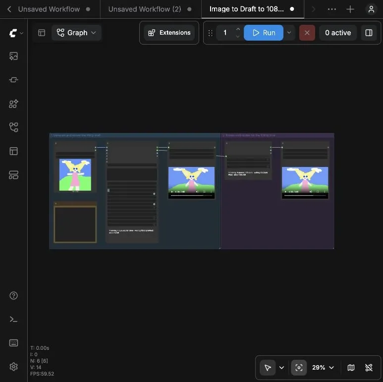 ComfyUI displays the illustrated character in both the draft and final Save Video nodes