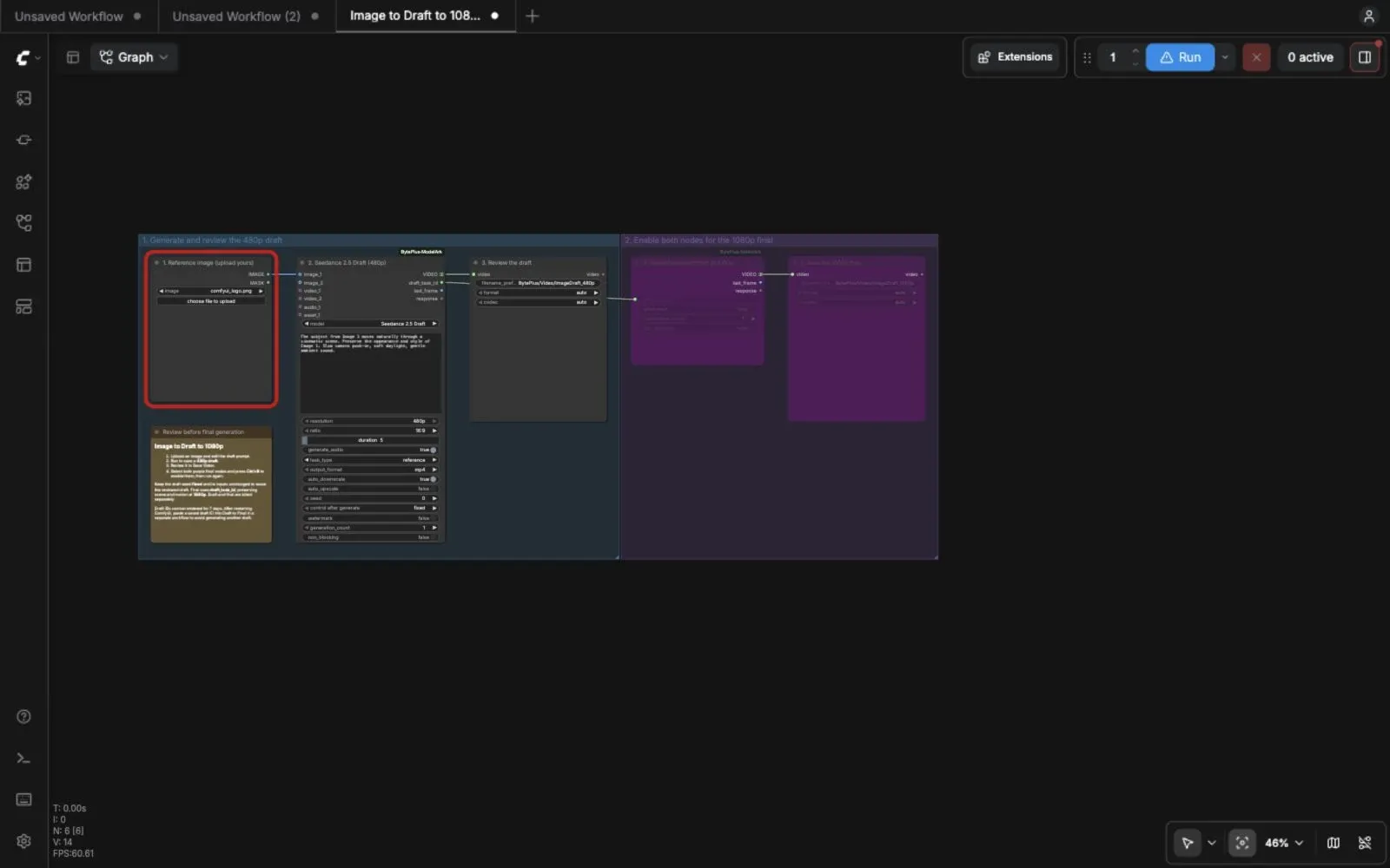 Reference image connected to Seedance 2.5 Draft and Save Video, with Draft to Final and the final Save Video bypassed