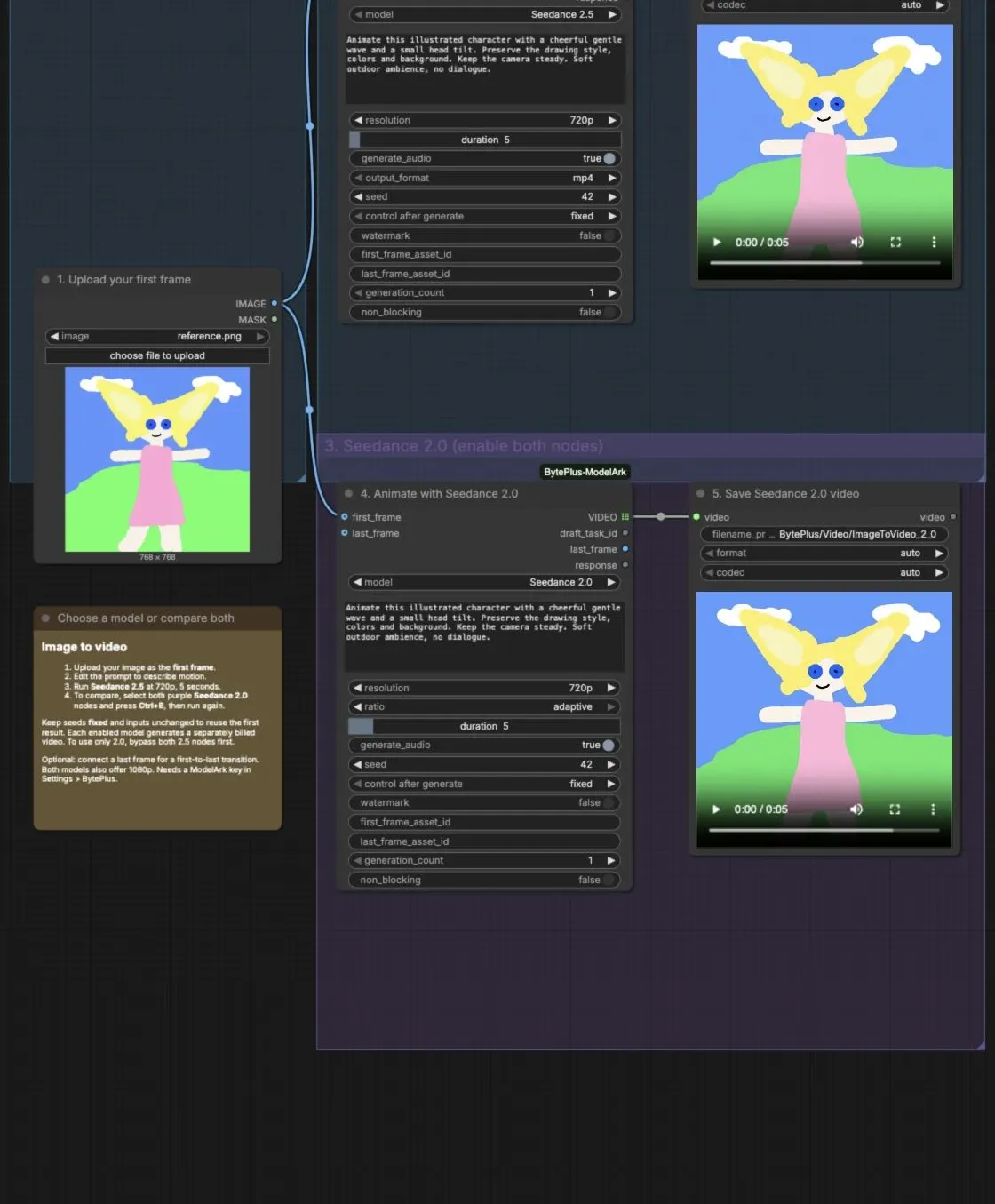 ComfyUI shows successful square videos from Seedance 2.5 and Seedance 2.0 in separate Save Video nodes