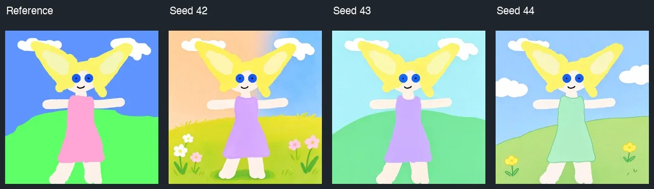 Original drawing beside three generated color and background variations