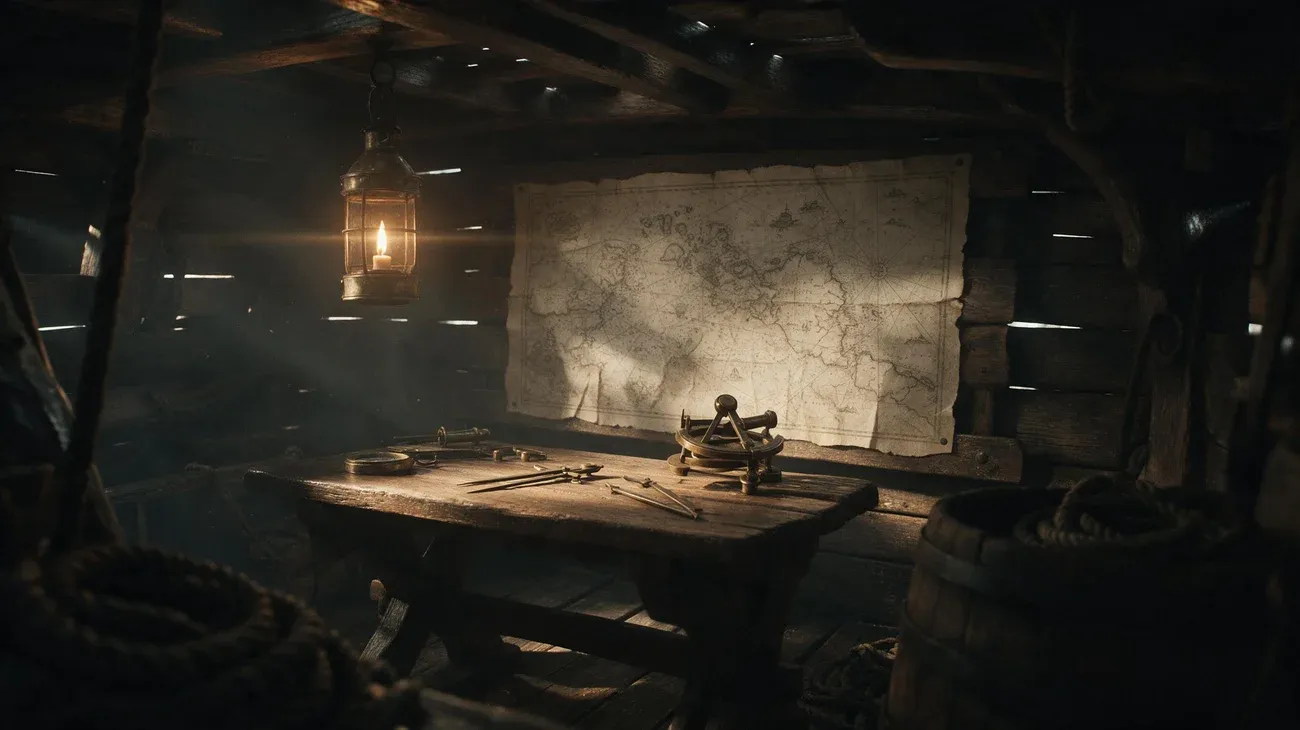 A dim wooden ship cabin with a hanging brass lantern, a large sea chart on the wall, brass instruments on a table, coiled rope and a barrel, with no people