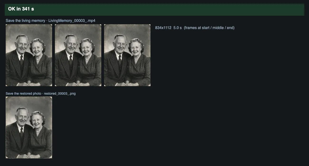 Three frames of the animated elderly couple in a black-and-white portrait, and the restored photo below them