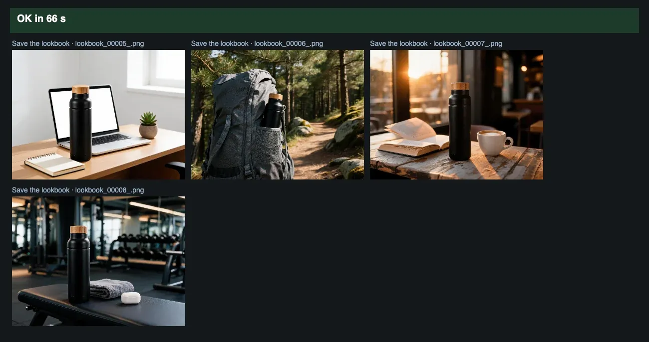 Four generated photos of a black bottle with a bamboo cap: on a desk, in a backpack pocket on a trail, on a cafe table and on a gym bench