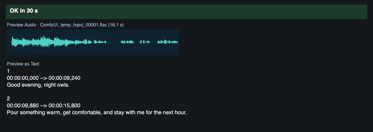 The Seed Audio graph after the run with the audio waveform and two subtitle entries below