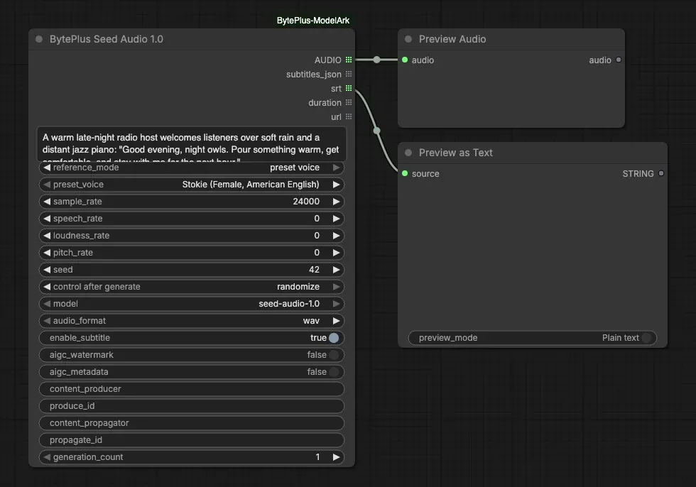 The Seed Audio template: one Seed Audio 1.0 node feeding Preview Audio and Preview as Text