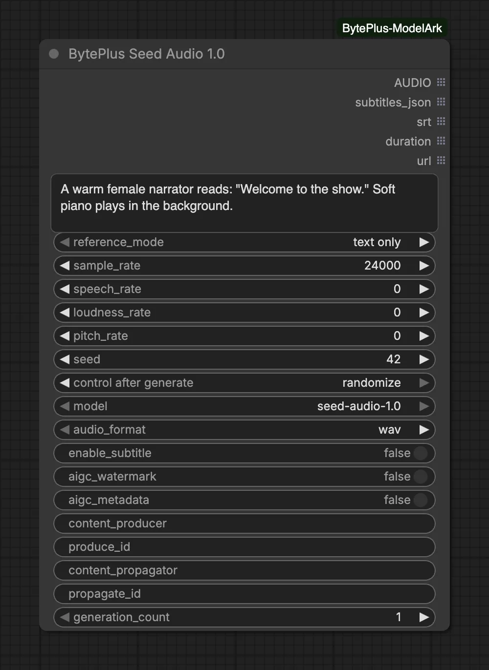 The Seed Audio 1.0 node with reference_mode set to text only, a prompt for a warm narrator and the five list outputs