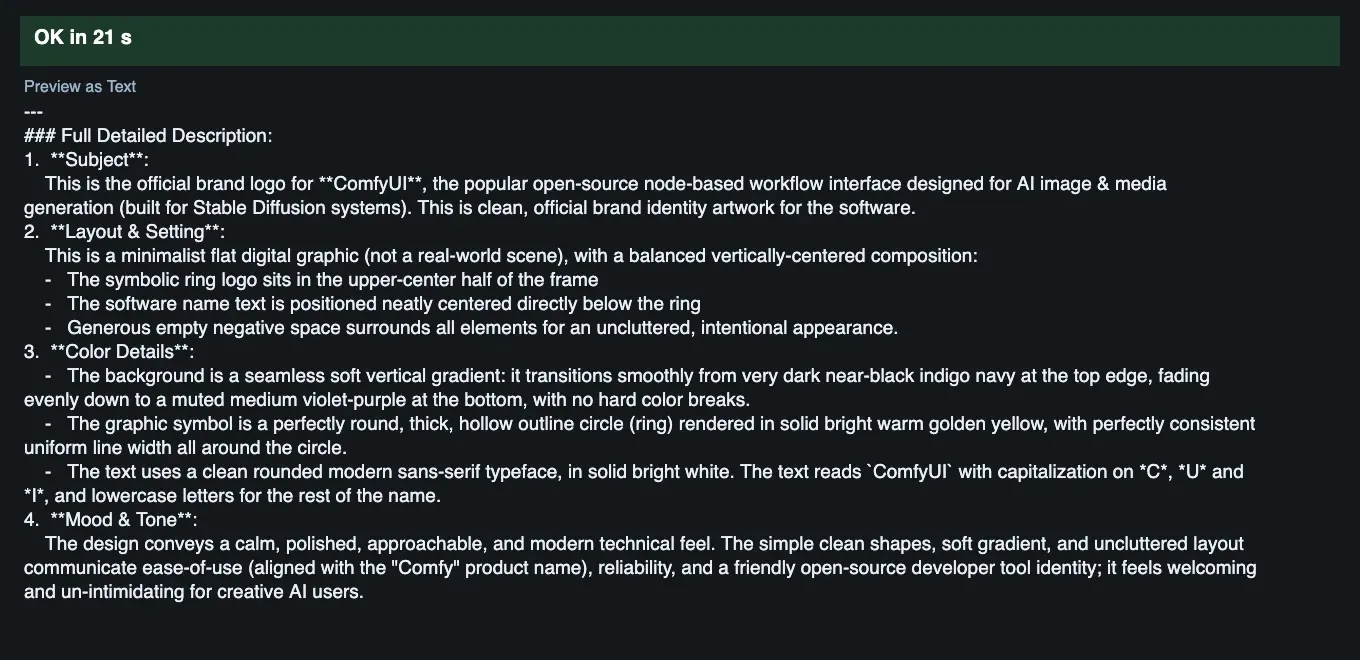 The text answer in Preview as Text: a description of the ComfyUI logo with subject, layout, colors and mood
