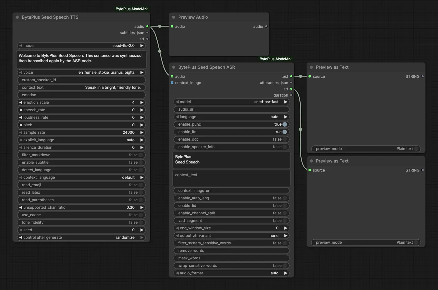 The Seed Speech template: TTS output going to Preview Audio and into the ASR node, whose text and srt outputs go to two Preview as Text nodes