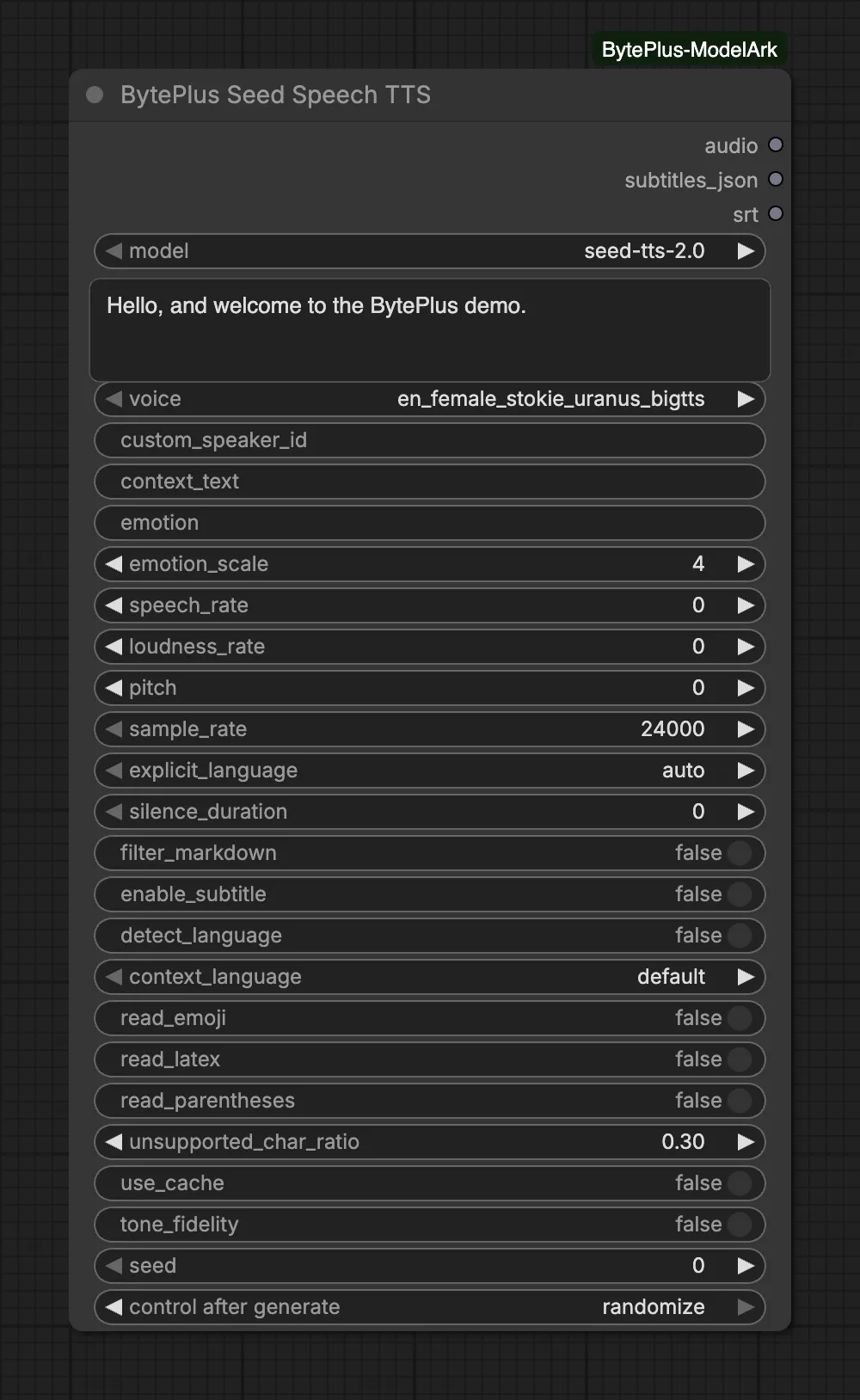 The Seed Speech TTS node with model seed-tts-2.0, a short English sentence and the voice en_female_stokie_uranus_bigtts