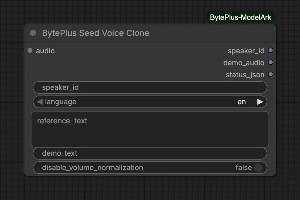 The Seed Voice Clone node with an audio socket, an empty speaker_id, language en and the three outputs speaker_id, demo_audio and status_json