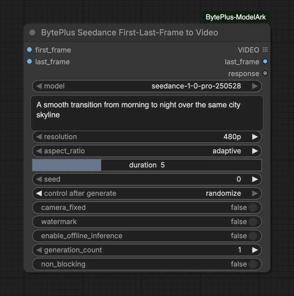 The Seedance First-Last-Frame to Video node with first_frame and last_frame image inputs, the Pro model, a prompt about a morning to night skyline transition, 480p, aspect ratio adaptive and a duration of 5 seconds