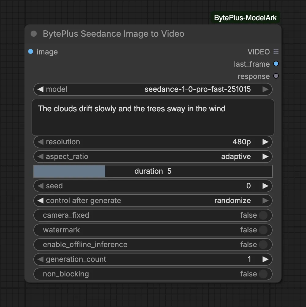 The Seedance Image to Video node with an image input, the Pro Fast model, a prompt about drifting clouds and swaying trees, 480p, aspect ratio adaptive and a duration of 5 seconds