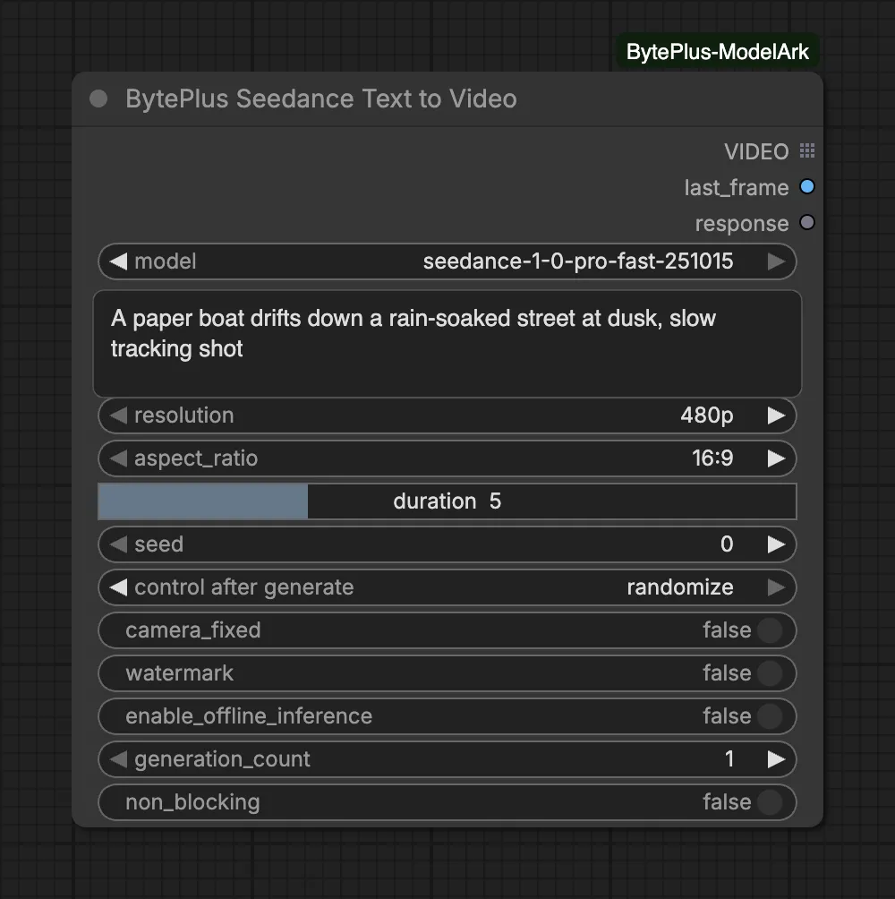 The Seedance Text to Video node with the Pro Fast model, a prompt about a paper boat, 480p, 16:9 and a duration of 5 seconds