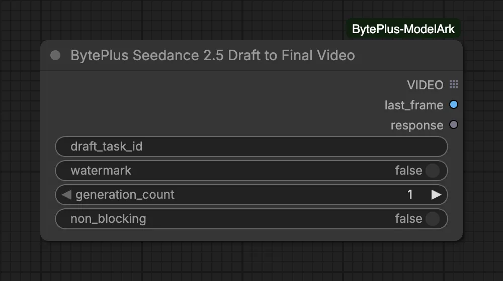 The Seedance 2.5 Draft to Final Video node with an empty draft_task_id field, watermark, generation_count and non_blocking