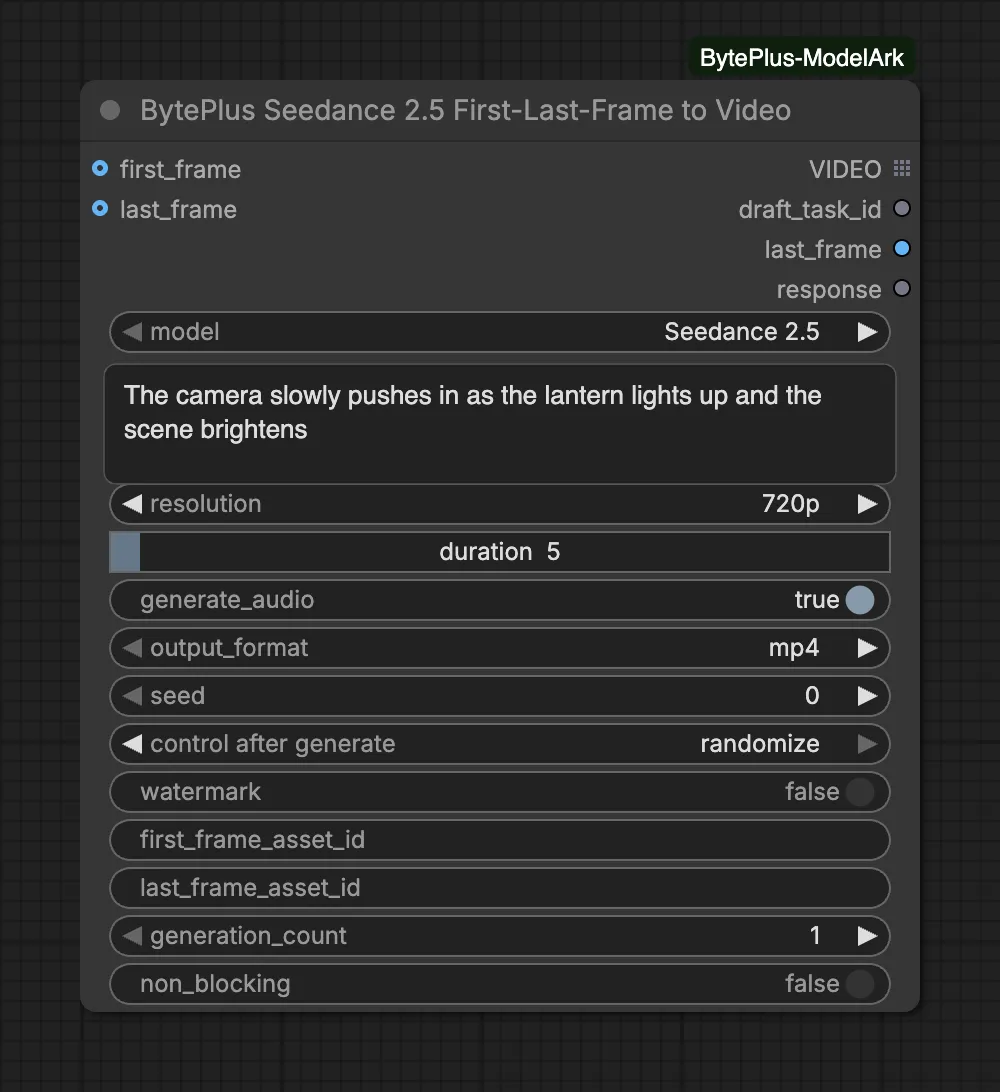 The Seedance 2.5 First-Last-Frame to Video node with first_frame and last_frame image inputs, model Seedance 2.5, a prompt about a lantern and the asset ID fields at the bottom