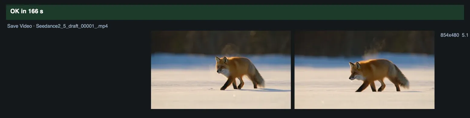 Two frames of the 480p red fox draft in Save Video: a fox trotting through snow with its breath visible