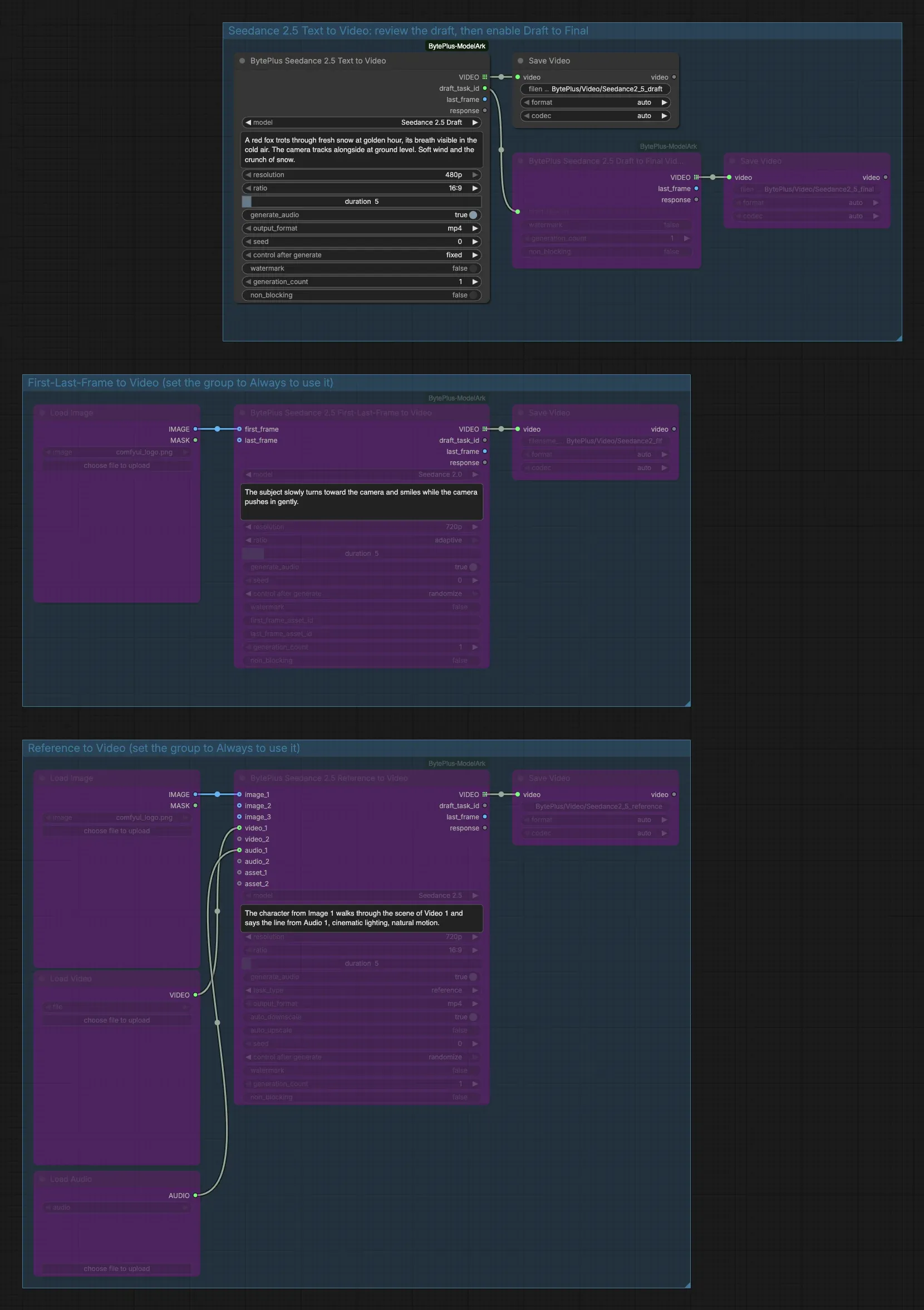 The Seedance 2 template with three groups: text to video with Draft to Final, first-last-frame and reference to video