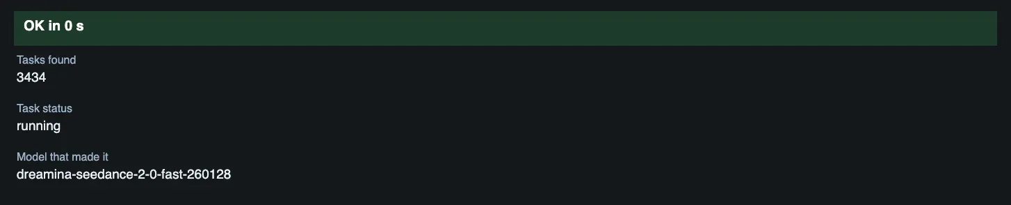 The three previews after a run with an empty Task ID: tasks found, task status and the model that made the first task