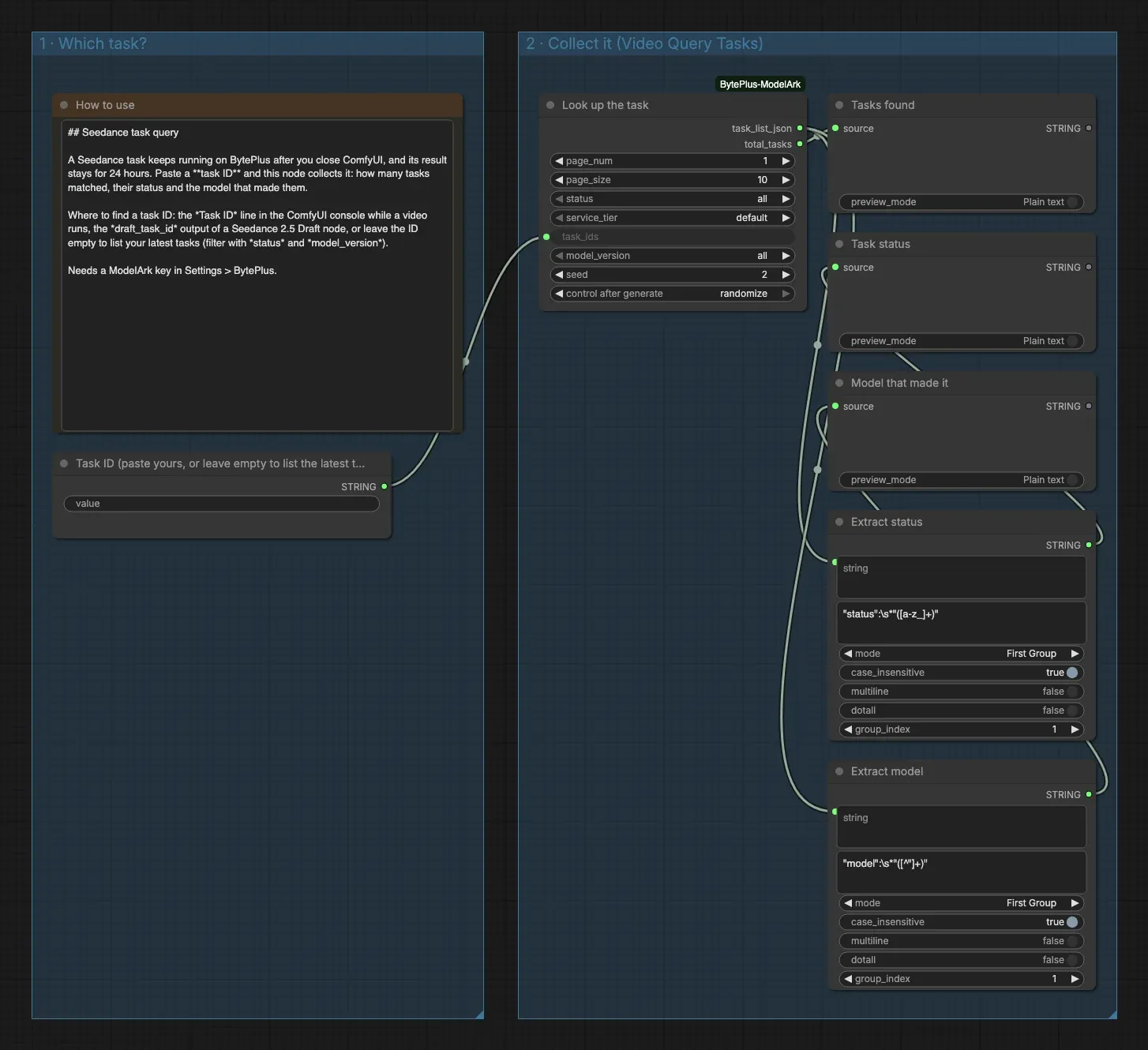 The Seedance Task Query template: a note and a Task ID field on the left, the lookup node and three text previews on the right