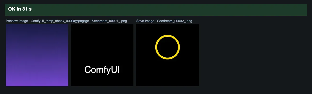 The purple gradient base image in Preview Image, and two saved layers on black: the word ComfyUI and a yellow ring
