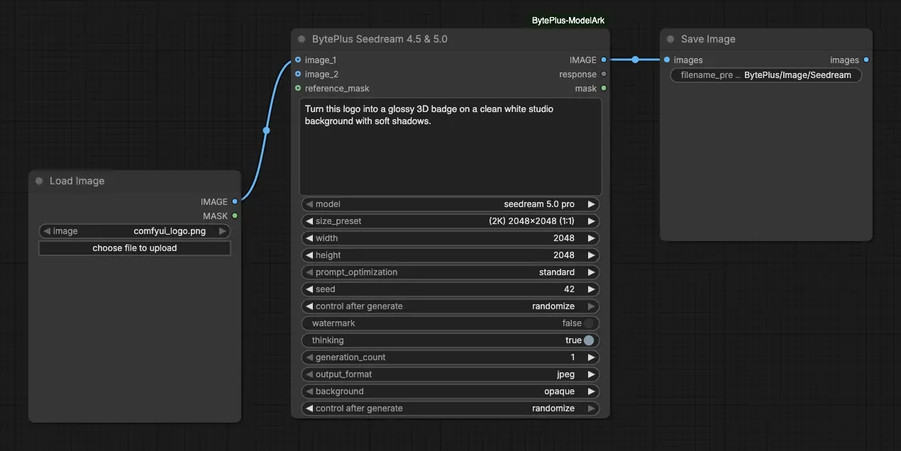 The Seedream template: Load Image into the Seedream node, then Save Image