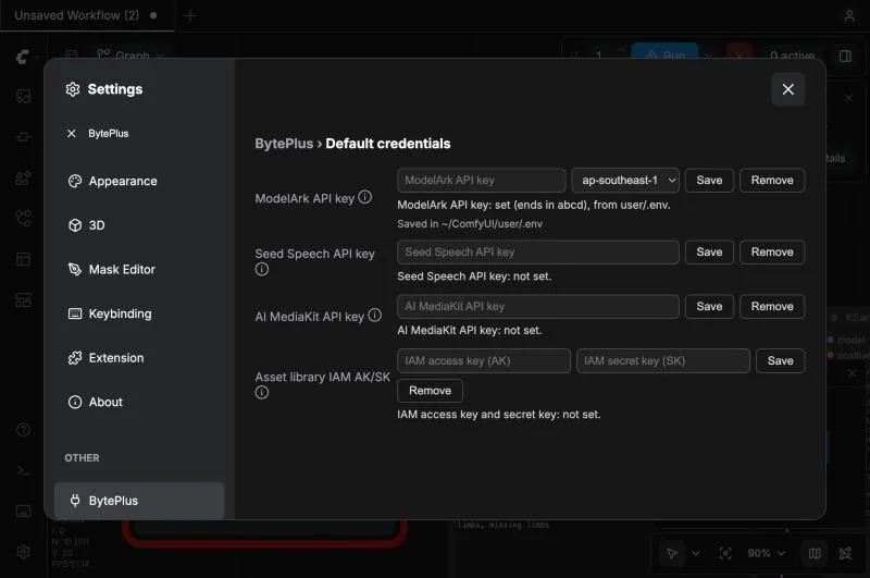 Settings, BytePlus page after saving: the ModelArk API key status line says the key is set, ends in abcd and comes from user/.env; the other three rows still say not set