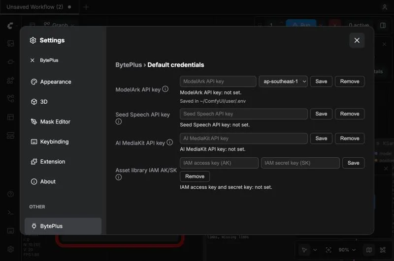 Settings, BytePlus page, Default credentials section: four empty key rows (ModelArk with a region drop-down, Seed Speech, AI MediaKit and Asset library IAM AK/SK), each with a status line saying not set