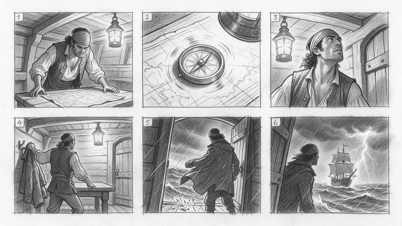 A pencil-sketch storyboard of six numbered panels in two rows: a pirate captain at a chart table, a spinning compass, his upward glance, taking his coat, opening the cabin door onto a storm, and a ship in the lightning