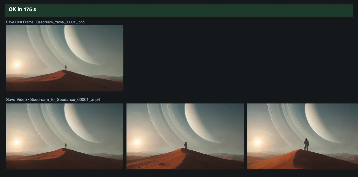 The first frame of the astronaut on the dune, and three frames of the video below it