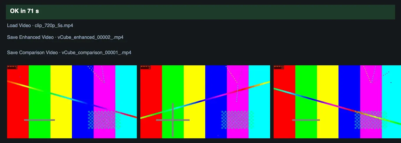 The result panel: with a 720p source clip and the saved enhanced and comparison videos listed, and three frames of the enhanced clip