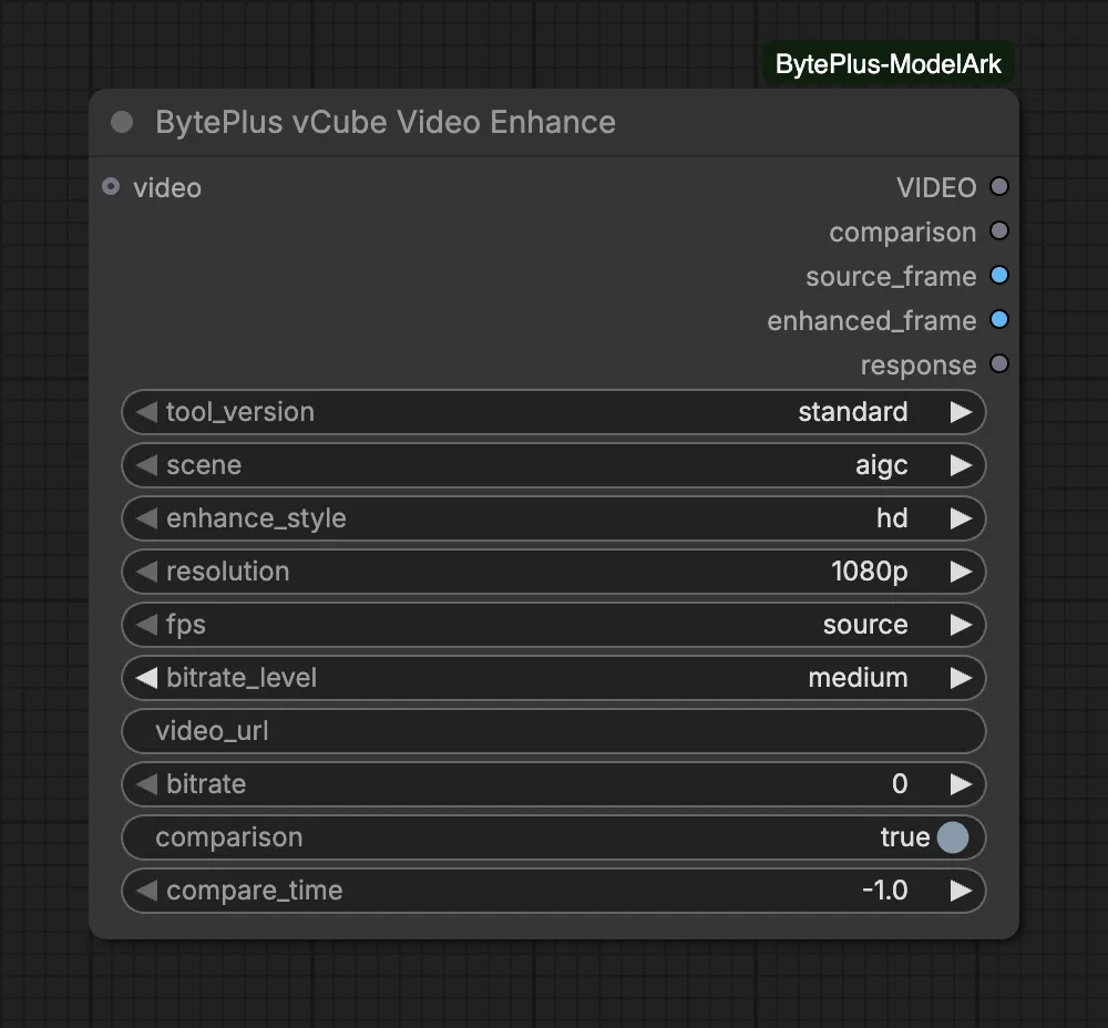 The vCube Video Enhance node with the standard tool version, the aigc scene, 1080p and the five outputs