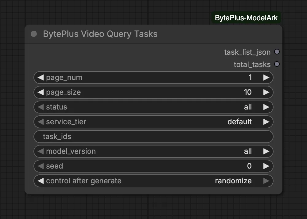 The Video Query Tasks node with page_num 1, page_size 10, status all, service_tier default, an empty task_ids field, model_version all and a seed