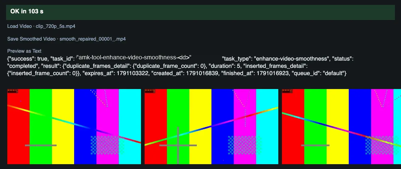 The result panel: with a 720p source clip, the saved smoothed video and the task response as JSON, and three frames of the saved clip