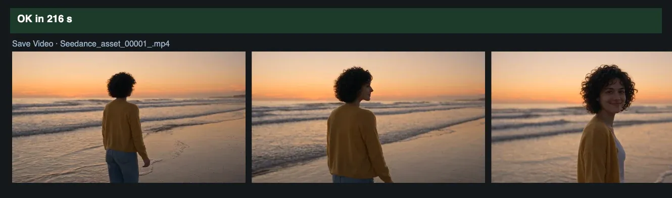 Three frames of the saved video: a person with curly hair and a yellow cardigan walking on a beach at sunset and turning toward the camera