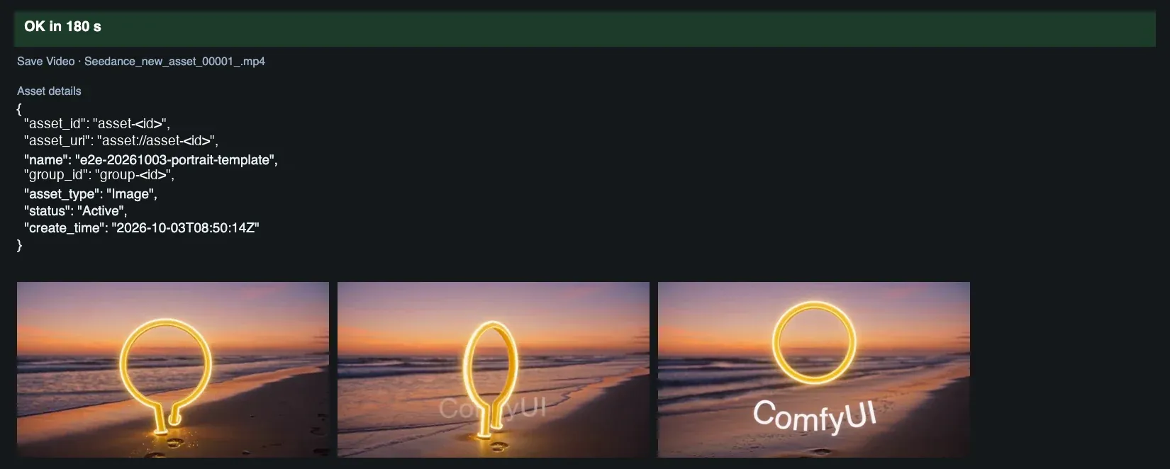The result panel: the saved video file name, three frames of the video and the asset details as JSON with the asset and group IDs hidden