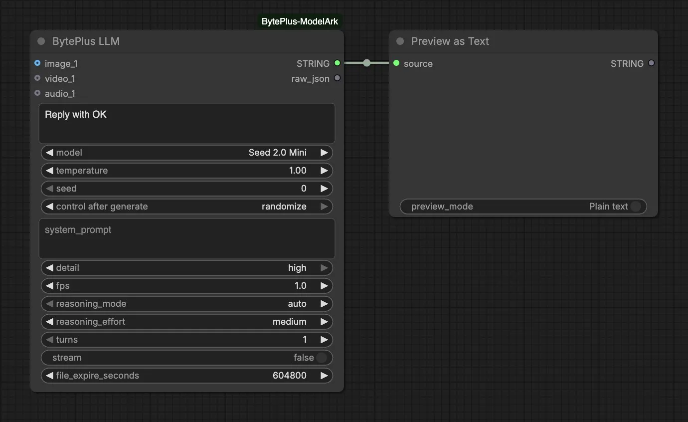 A BytePlus LLM node set to Seed 2.0 Mini with the prompt Reply with OK, connected to an empty Preview as Text node. There is no key field and no client node on the canvas.